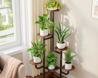 6-stufiger Eckblumenständer, Metallpflanzenregal, Boho-Wohnzimmerdekor, braune Regale