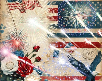 Paquete de papel para álbum de recortes con temática patriótica americana vintage de EE. UU. - Páginas imprimibles del 4 de julio - Paquete de diario de 25 páginas - Americana vintage, estrellas y rayas