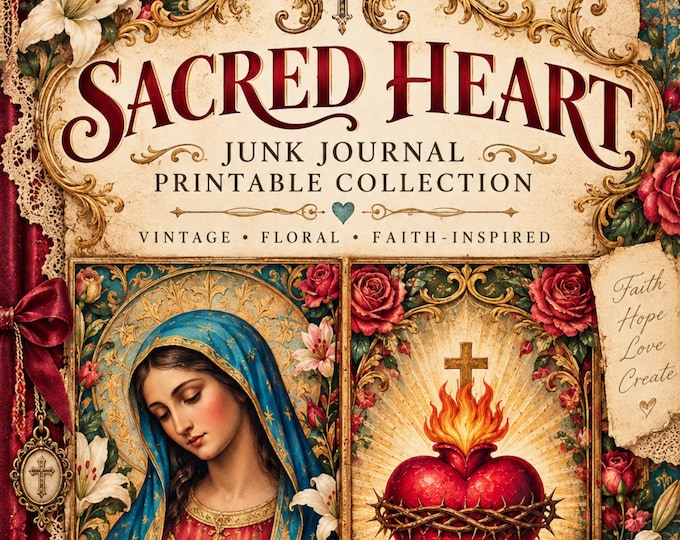 Featured listing image: Sacred Heart Junk Journal Interactive Kit, Catholic Reflection Pages with Vintage Floral Designs, Faith Journal Prayer and Gratitude Pages