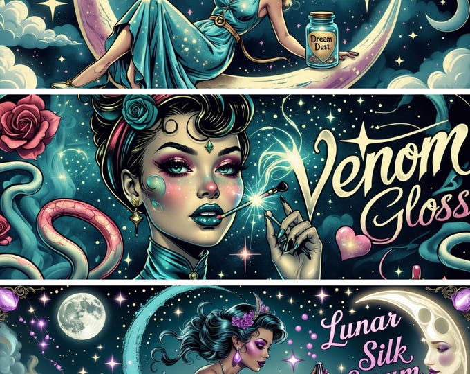 Featured listing image: Moonlight Beauty Labels – Pop Art Witch Aesthetic Printable Label Set (3 Sheets, 6 Labels Total, PNG + PDF)  Perfect for spell jars& potions