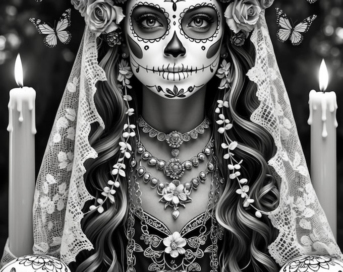 Featured listing image: Sugar Skull Coloring Pages | Día de los Muertos Printable Art | Partially Colorable Day of the Dead Sheets | Digital Download