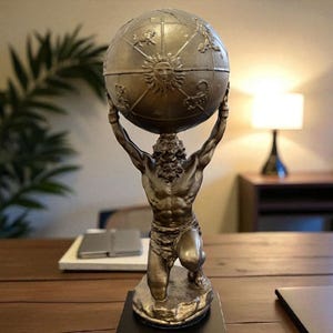 Atlasstandbeeld | Sculptuur Griekse Mythologie | Bronzen titaan woondecoratie | Titan dragende wereldbol | Mythologisch huisaccent