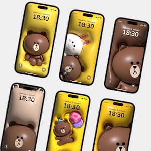 6 x 3D Line Friends iPhone Hintergrundbild, Brown Line Friends, 3D iOS Hintergrundbild, 4K iOS Hintergrundbild, Digital Wallpaper, Home Screen, iPhone