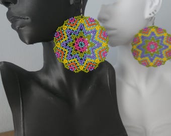 Handmade Colorful Beaded Mandala Earrings: Stainless Steel Hooks