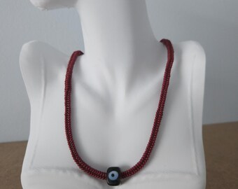 Handmade Dark Red Beaded Necklace with Glass Evil Eye Bead – Elegant & Protective - trendy choker