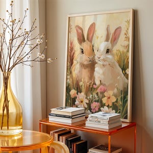 Impressões neutras de primavera para impressão, galeria de arte de parede de primavera, pintura de coelho da Páscoa, pinturas de Páscoa de fazenda, decoração de fazenda de Páscoa