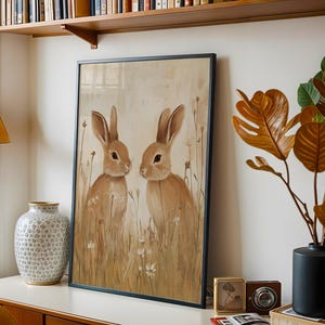 Impressões neutras de primavera para impressão, galeria de arte de parede de primavera, pintura de coelho da Páscoa, pinturas de Páscoa de fazenda, decoração de fazenda de Páscoa