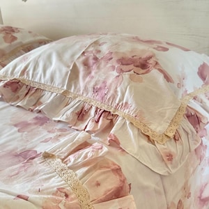 Shabby Chic Ruffle Bedding – Pink Peony Duvet Set with Lace - Coquette bedding
