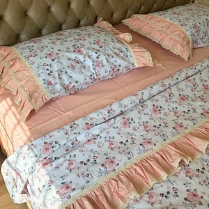 Shabby Chic Duvet Cover Set with Ruffles & Lace | Cottagecore  Bedding | Roses Print Queen King