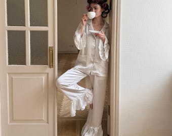 Chic Ruffled Satin Pajama Set - Elegant Old Money Pajamas