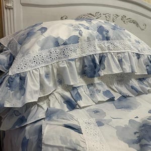 Blue Ruffle Bedding – Shabby Chic Cotton Duvet Cover with Delicate Lace for Dreamy Sleep
