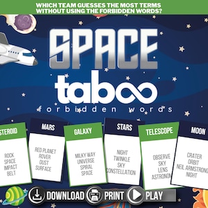 Jeu tabou de l'espace imprimable | Jeu de société tabou | Cartes thématiques spatiales | Soirée jeux en famille ou pour adultes | Téléchargement instantané