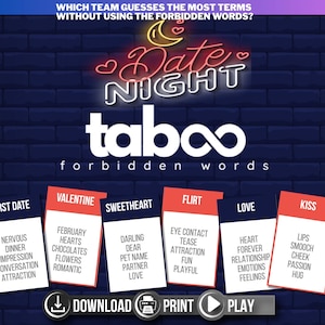Jeu tabou sur les couples et rendez-vous amoureux à imprimer | Jeu de société tabou | Cartes à thème Couples et rendez-vous amoureux | Soirée jeux en famille ou pour adultes | Instant D