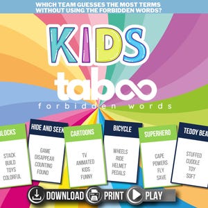 Kids Taboo Game Printable | Taboo Party Game | Kids Theme Cards | Family or Adult Game Night | Instant Download