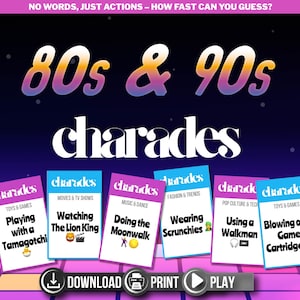 Jeu de charades nostalgique des années 80-90 à imprimer | Jeu Party Charades | Cartes à thème nostalgie des années 80-90 | Soirée jeux en famille ou pour adultes | Téléchargement instantané