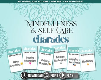 May include: A set of printable mindfulness and self-care charades cards. The cards feature activities like deep breathing, positive affirmations, coloring mandalas, taking a bubble bath, applying a face mask, and meditating.