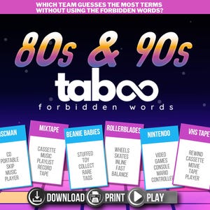 Jeu tabou nostalgie des années 80-90 à imprimer | Jeu de société tabou | Cartes à thème nostalgie des années 80-90 | Soirée jeux en famille ou pour adultes | Téléchargement instantané