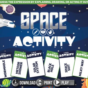 Ruimteactiviteitsspel afdrukbaar | Activiteitenfeestspel | Ruimtethemakaarten | Game-avond voor familie of volwassenen | Direct downloaden