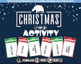 May include: A dark blue Christmas activity game with white text and a Santa hat graphic. The game includes cards with activities like "Write Cards," "Hot Cocoa," and "Make a Snowman." The game also has download, print, and play buttons.