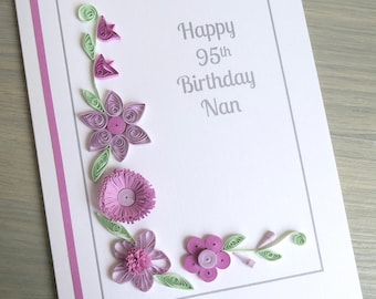 95th birthday card, personalised, with lilac quilled flowers
