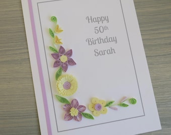 50th birthday card for mum with paper quilling flowers, handmade, personalised