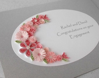Quilled handmade engagement congratulations card, personalized with names and date