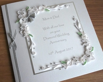 Quilled 60th diamond wedding anniversary card, mum and dad, personalized, handmade