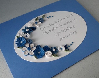 Personalized 65th wedding anniversary card, handmade blue sapphire quilled flowers
