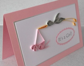 Quilled new baby card, baby girl birth congratulations, quilling stork, handmade