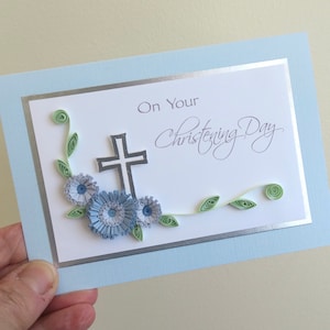 Carte Le jour de votre baptême, bleu pâle pour un bébé garçon, fait main, fleurs piquées