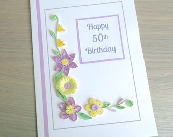 Quilled 50th birthday card, paper quilling, handmade