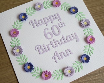 Paper quilling birthday card, personalized with name, 100th, 90th, 80th, 70th, 75th, 60th, 65th, 50th, 40th, 30th, 21st, 18th