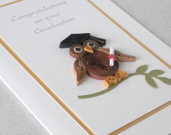 Special handmade graduation card with quilling wise owl, congratulations