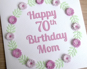 Personalized 70th Birthday Card: Quilled Lilac Flowers, Handmade