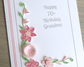 Personalised 70th birthday card, for any age and name, with quilled flowers