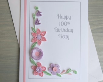 Personalized 100th Birthday Card – handmade lilac and pink quilled flowers