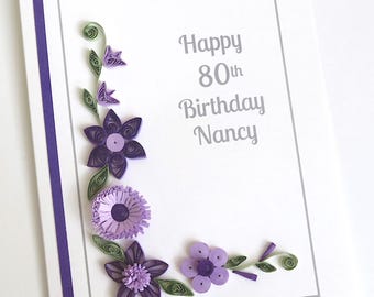 Personalized 80th Birthday Card with Purple Quilled Flowers – Handmade Milestone Birthday Card