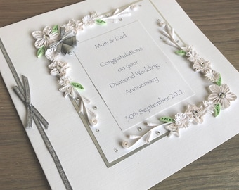 Handmade personalized 60th diamond wedding anniversary card, with quilled flowers.
