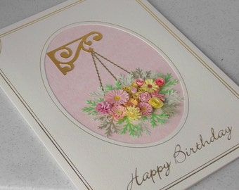 Quilled flower birthday card, quilling hanging basket