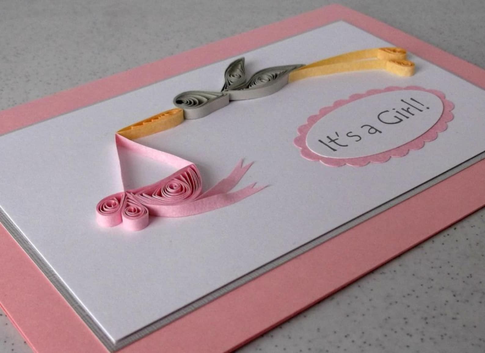 Quilled New Baby Card, Baby Girl Birth Congratulations, Quilling Stork