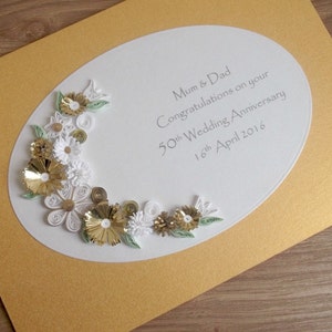 Quilled 50th golden wedding anniversary card, handmade, paper quilling