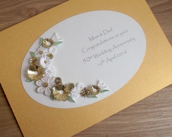 50th golden wedding anniversary card, personalised, quilled flowers