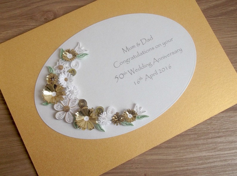 Quilled 50th golden wedding anniversary card, handmade, paper quilling image 1