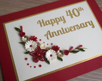 Quilled 40th ruby wedding anniversary card, handmade, paper quilling