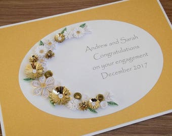 Quilled handmade gold and white engagement congratulations card, personalized with names and date