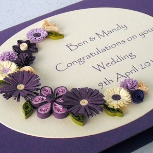 Wedding congratulations card with quilled flowers, personalized with names and date