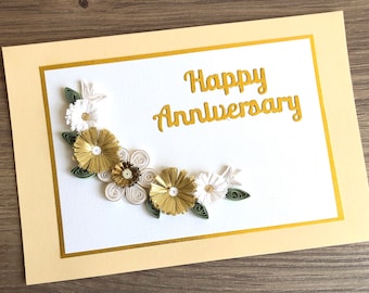 Luxury happy anniversary card, handmade with golden quilled flowers