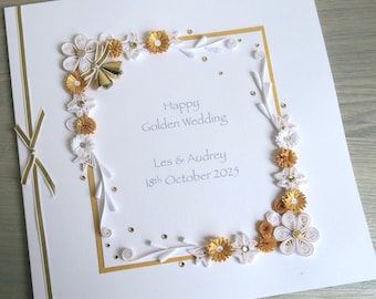 50th golden wedding anniversary congratulations card, with quilled flowers, personalized, handmade