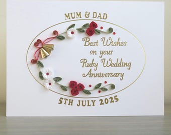 Ruby 40th wedding anniversary card, paper quilling, handmade, personalised