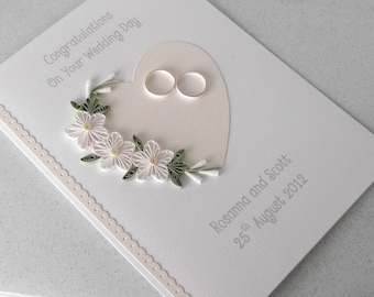 Quilled wedding card, paper quilling, personalized, congratulations, wedding day, names, date, quilled flowers